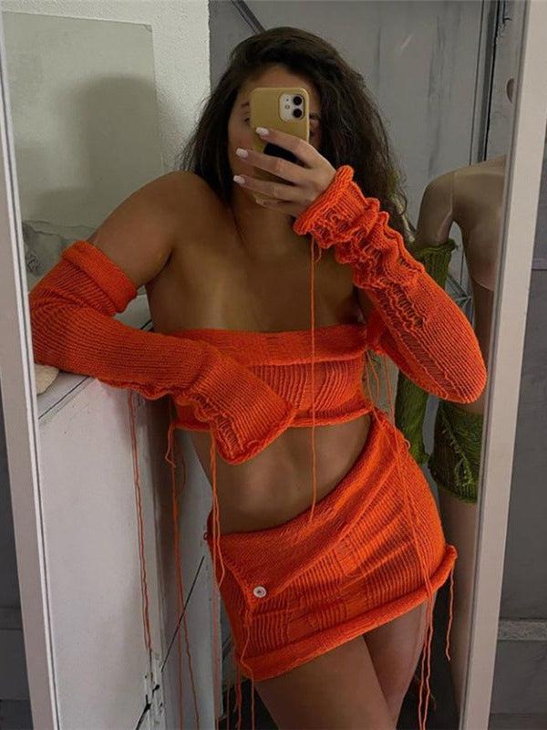 Knitted Crop Tube Top & Tassel Asymmetric Skirt Set