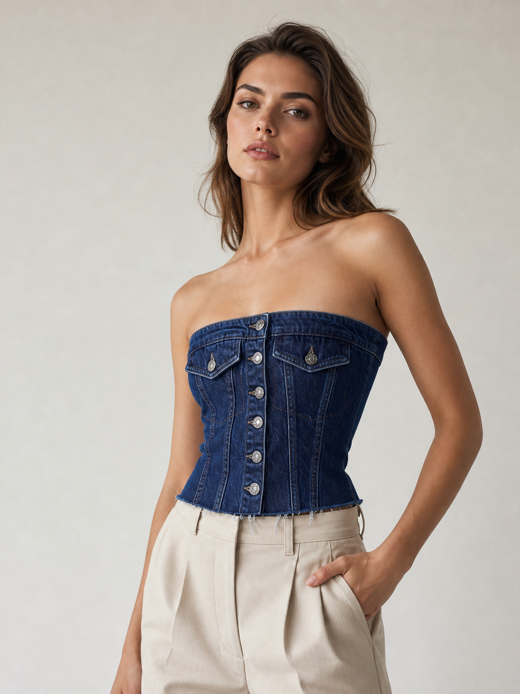 Blue Denim Corset Tube Top by EXCLUSIVES, strapless denim top with front button closure.