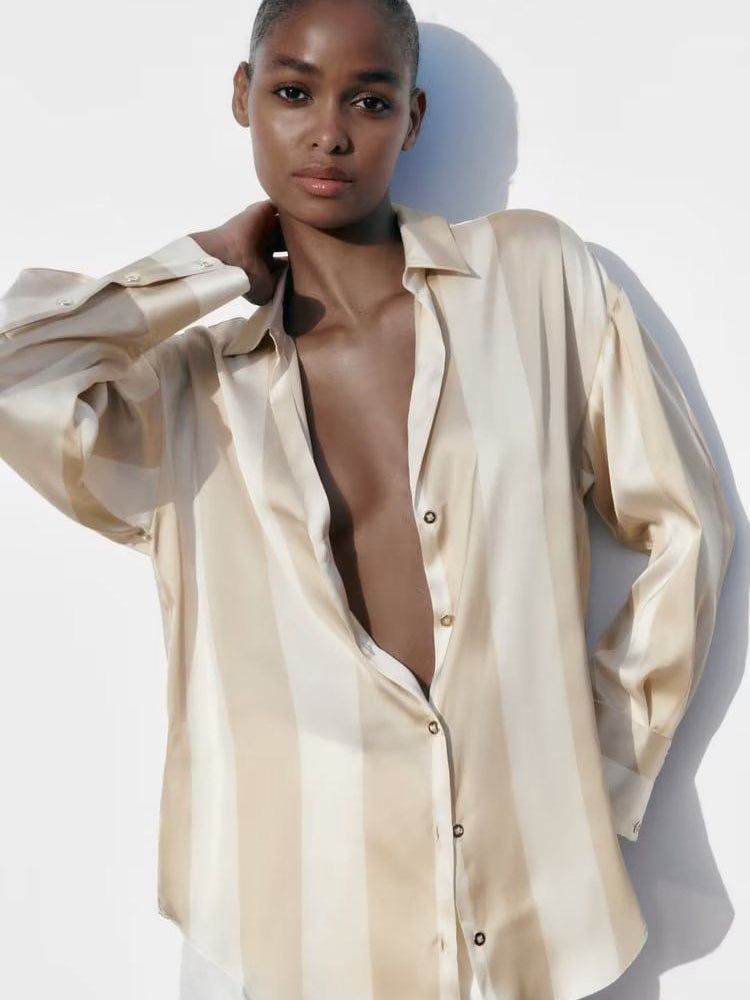 Oversized Fit Satin Stripe Satin Shirt