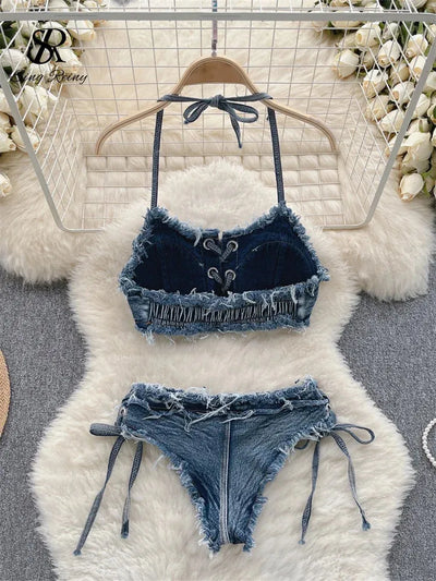 Halterneck Backless Denim Lace up Crop Top