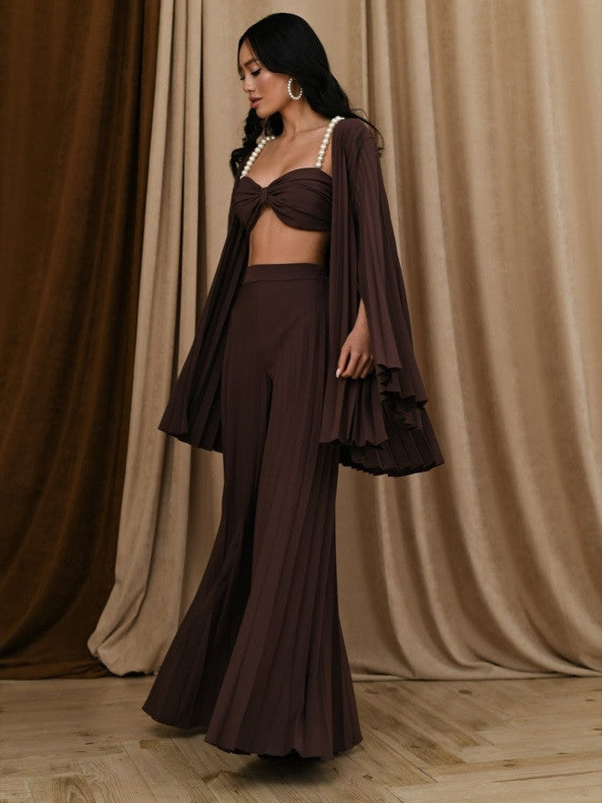Pearl Koticim Bralette with Cape & Pants 3 Piece Set-Brown