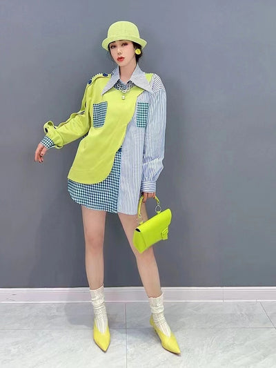 Striped Patchwork Blue Cotton Shirt Dress