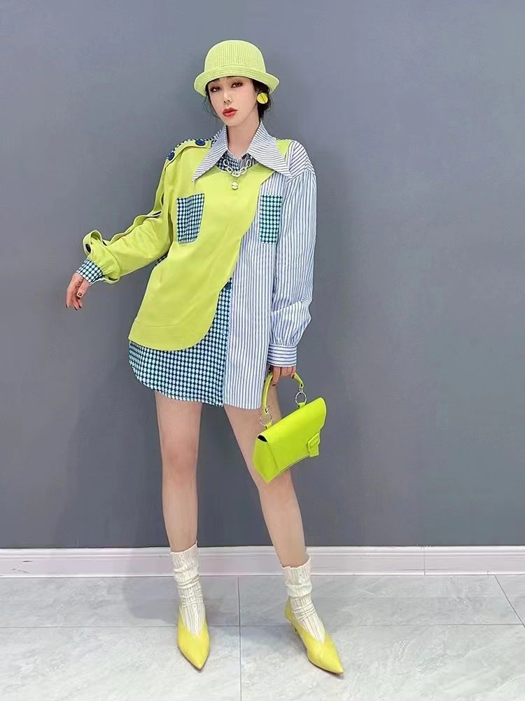 Striped Patchwork Blue Cotton Shirt Dress