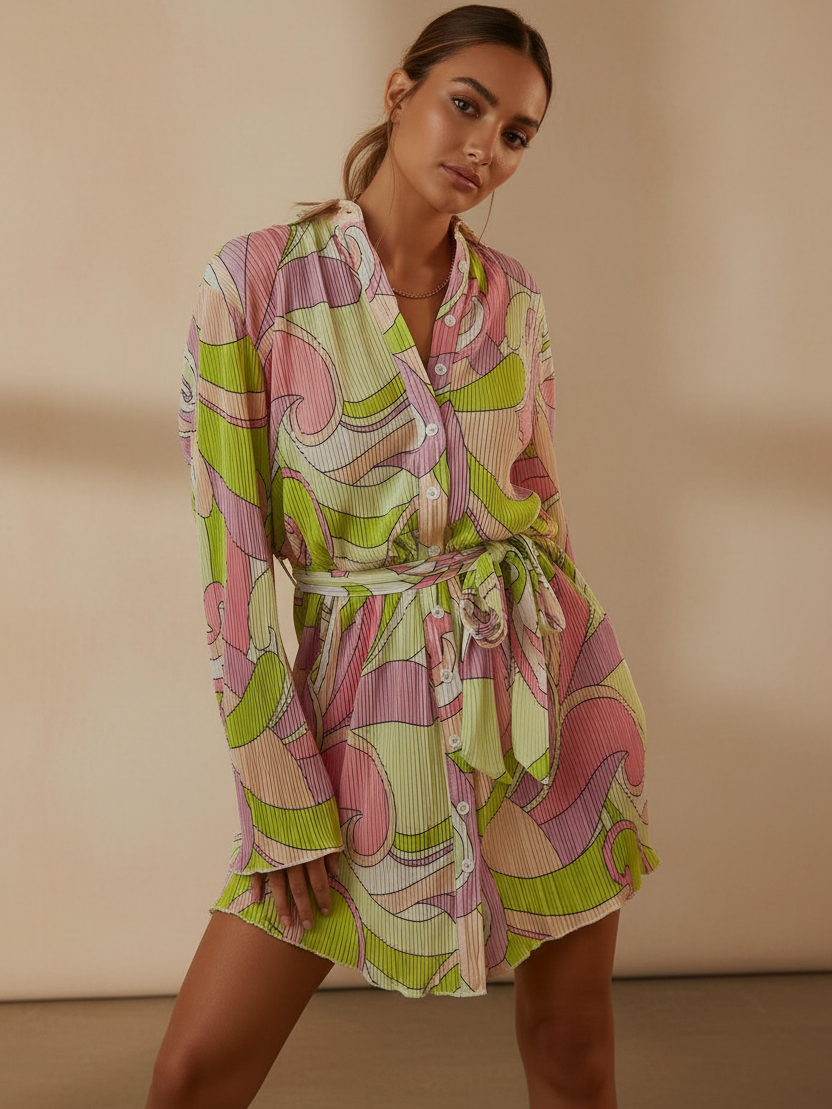Floral Print Pleated Dress by Exclusives; pink and lime green pattern, belted long-sleeve shirt dress on sale