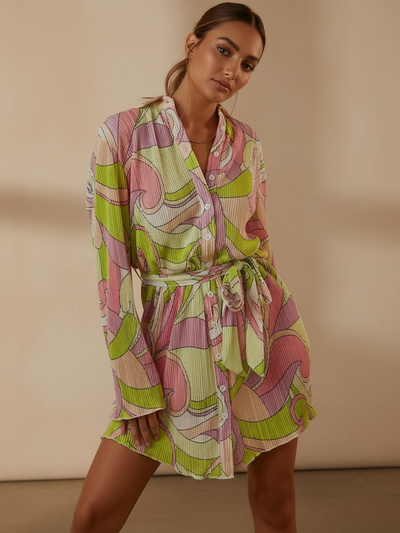Floral Print Pleated Dress by Exclusives; pink and lime green pattern, belted long-sleeve shirt dress on sale