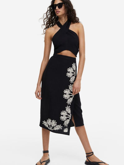 Cropped Halter neck Top & Wrap Embroidered Skirt Coord Set