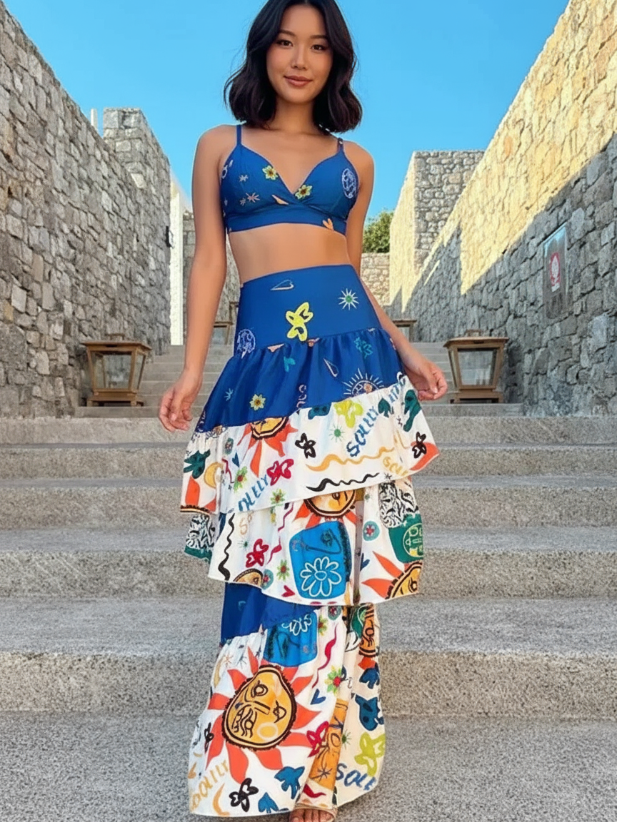 Doodle Print Braletter Top & Ruffle Skirt Coord Set