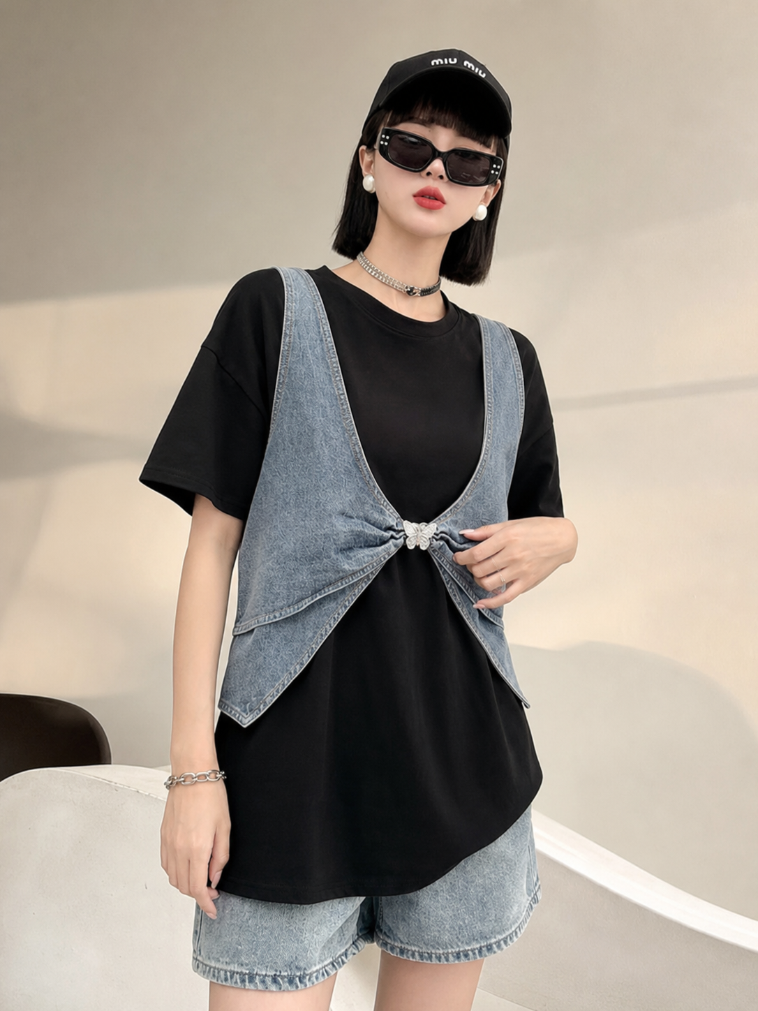 Denim waist coat over black oversized T-shirt by EXCLUSIVES, tops on sale