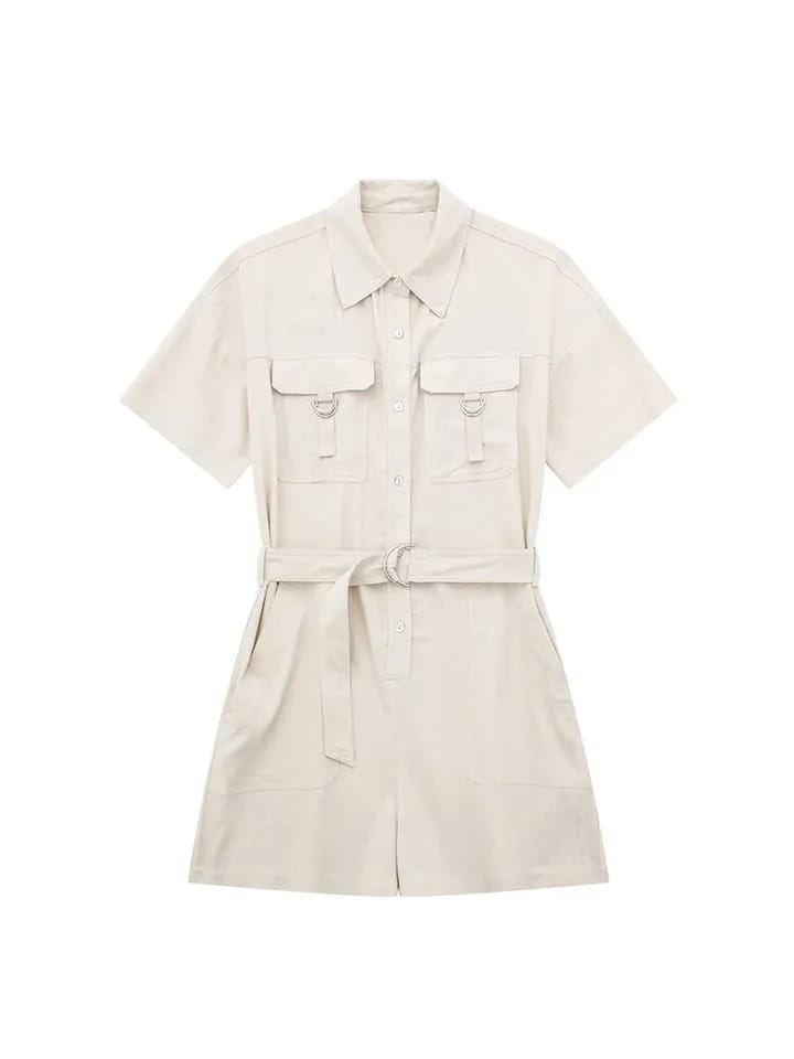 Linen Beige Belted Romper Jumpsuit