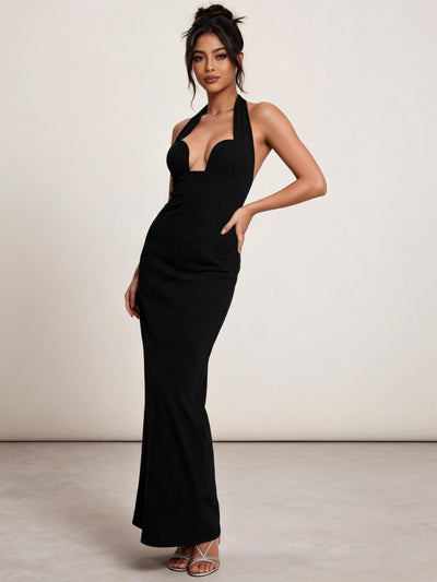 Deep Halterneck Slit Maxi Dress by EXCLUSIVES in black