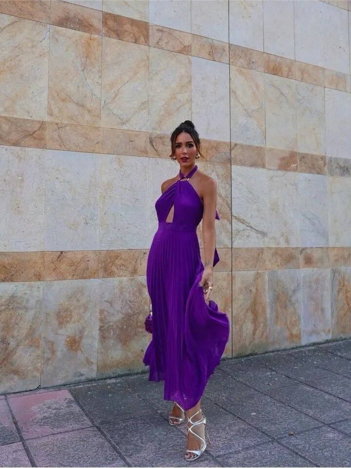 Halterneck Pleated Hollow out Purple Dress