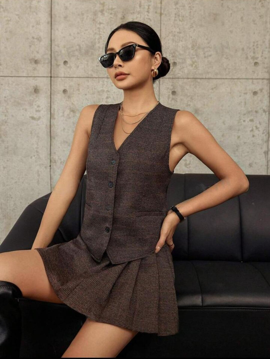 Brown Waist Coat Vest & Skirt Coord Set