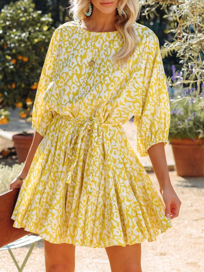 Yellow Printed Crewneck Twist Strap Dress