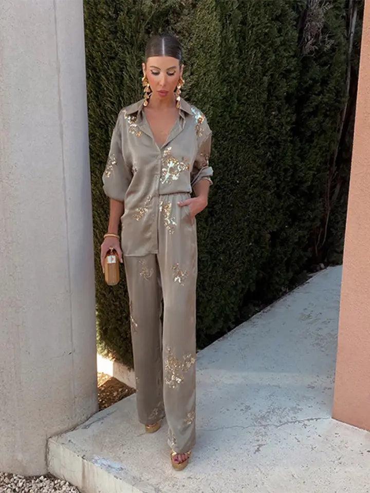 Embroidered Sequin Shirt & Pants Coord Set