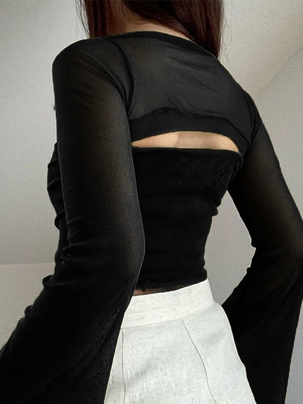 Bandeau Mesh Two Piece Long Sleeve Tube Top-Black