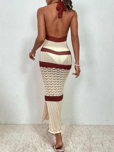 V neck Halter Knitted Striped Bikini Swimsuit Beach Dress