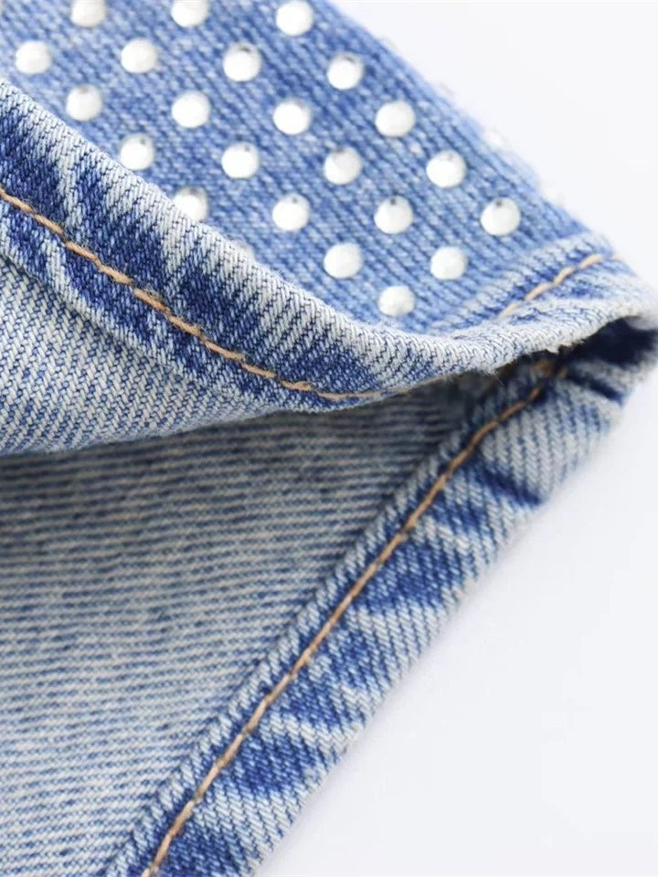 Spaghetti Strap Rhinestone Studded Denim Crop Top