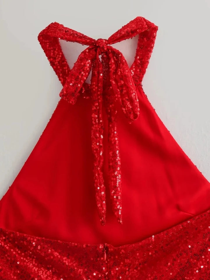 Black & Red Halter Neck Sequins Short Dress