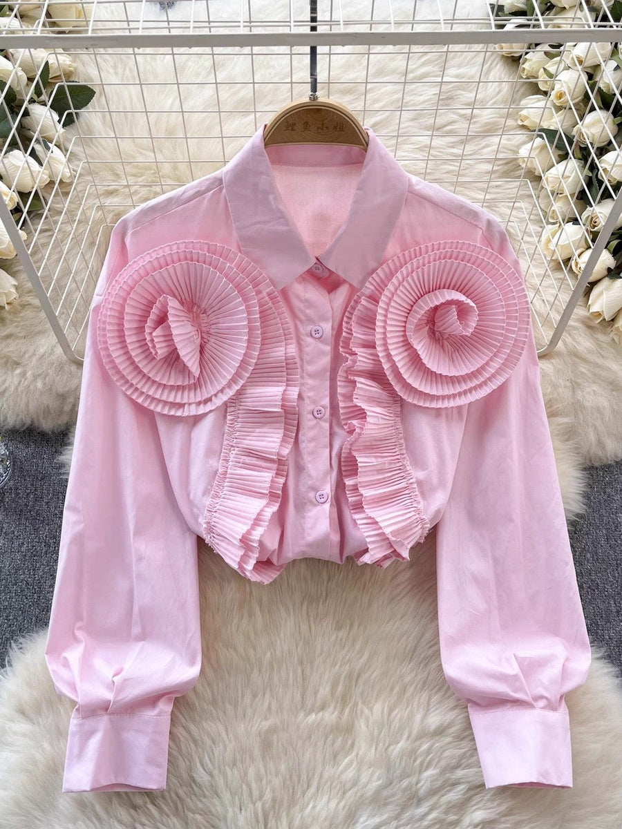 Ruffles Pleated Flower Patch Long Shirt