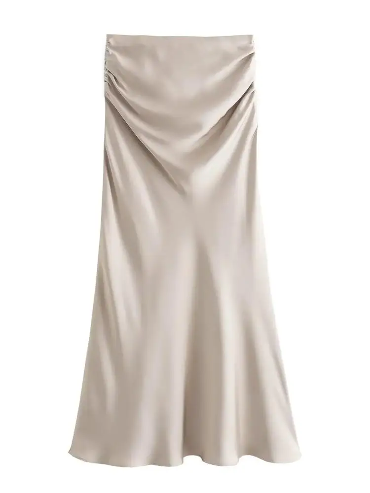 Plain Satin Beige Shirt & Skirt Coord Set