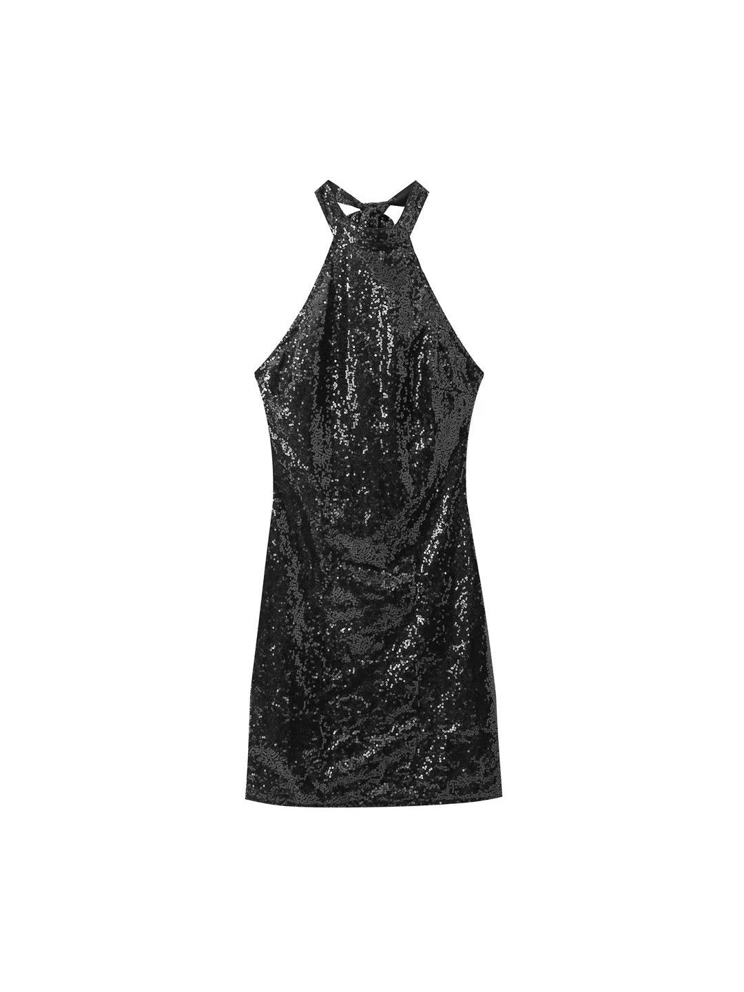 Black & Red Halter Neck Sequins Short Dress