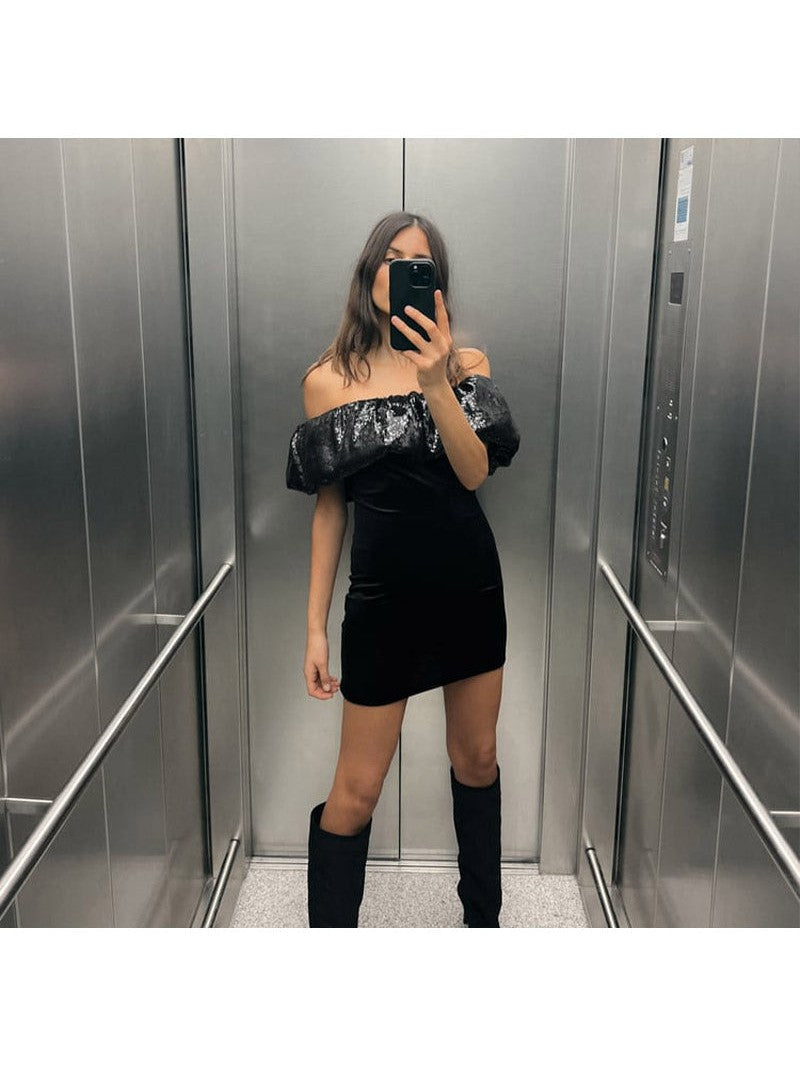 Sequins Off Shoulder Velvet Short Bodycon Dress