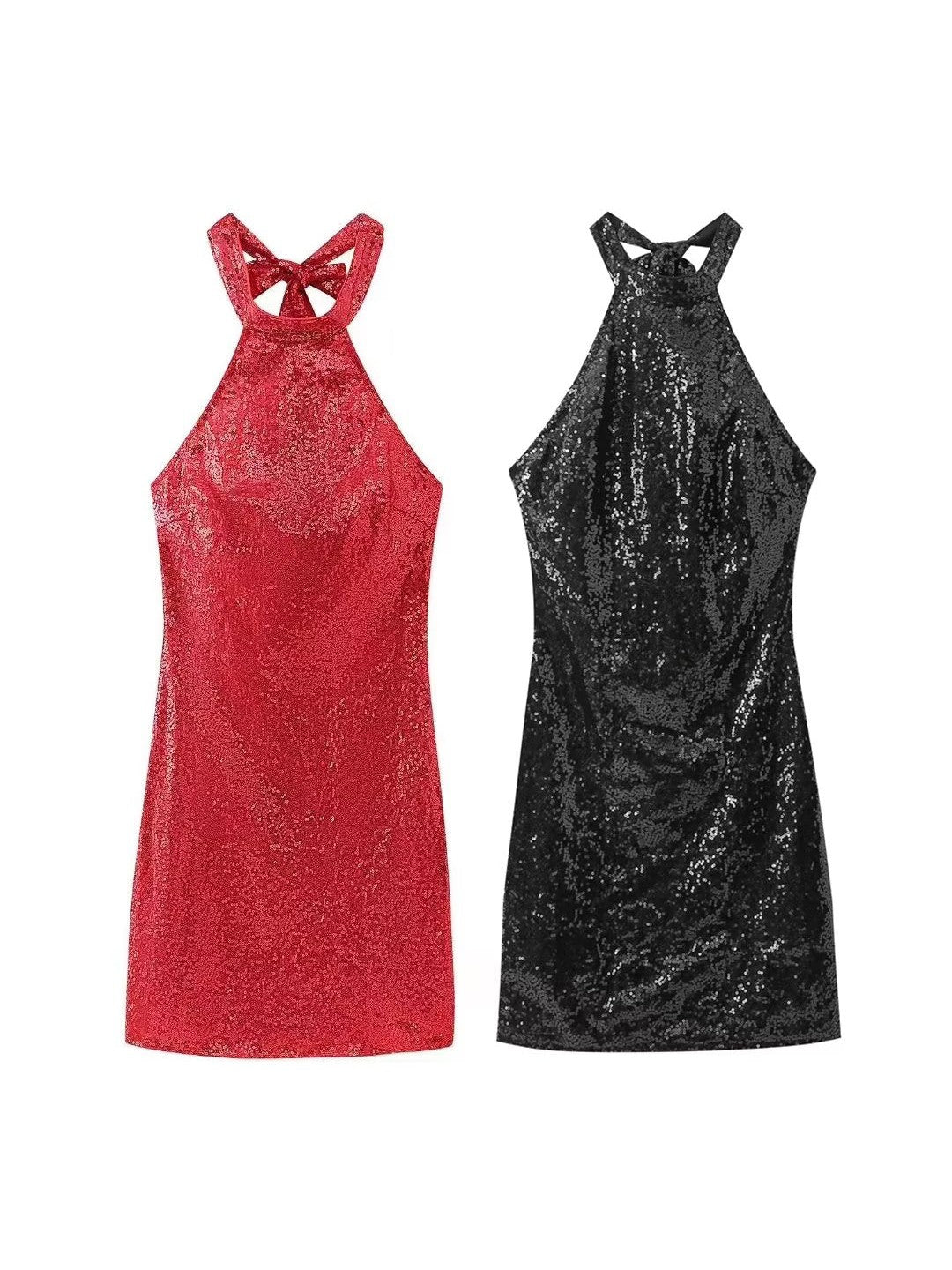 Black & Red Halter Neck Sequins Short Dress
