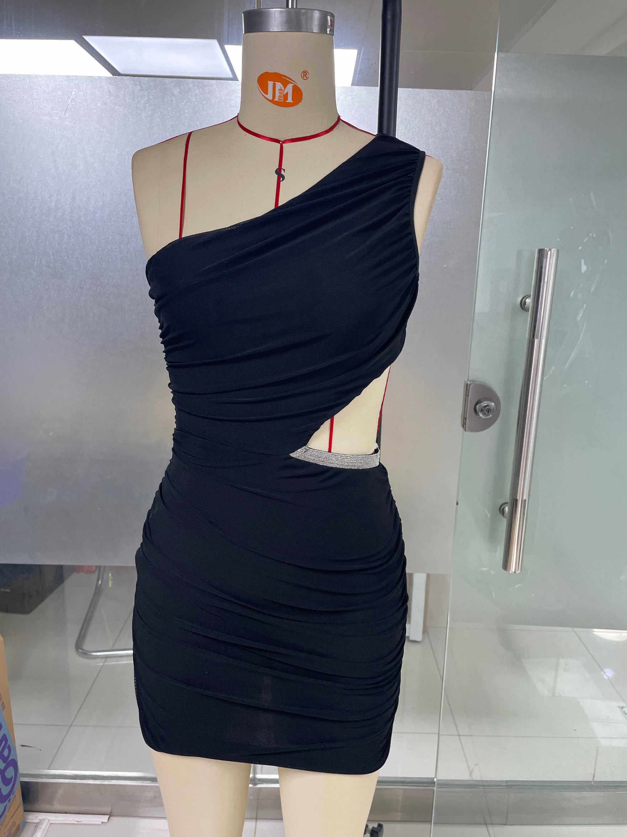 Black One Shoulder Silver Cutout Mesh Dress