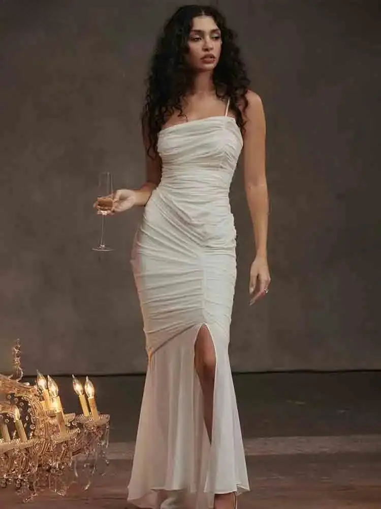 White Mesh Spaghetti Strap Fishtail Slit Dress