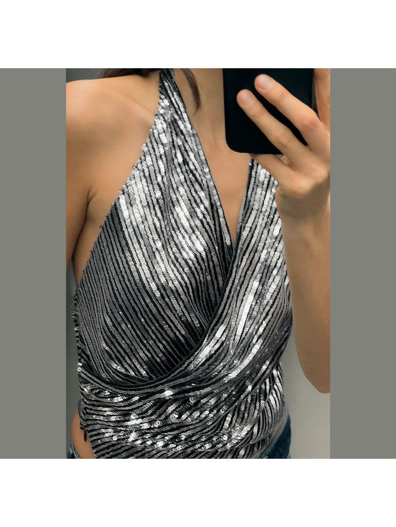 Silver Sequins Halterneck Cross Wrap Top