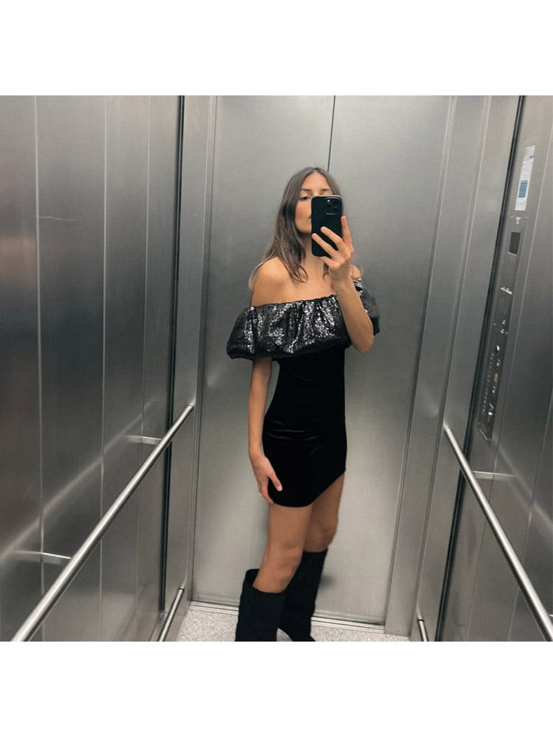 Sequins Off Shoulder Velvet Short Bodycon Dress