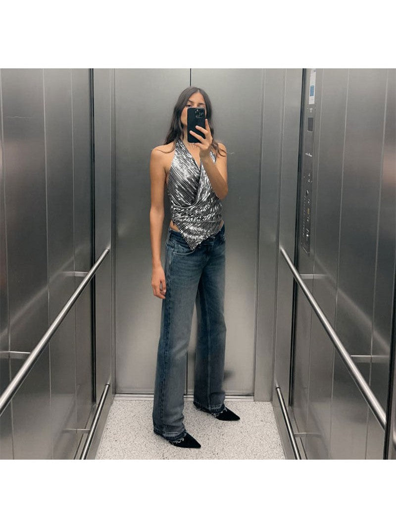 Silver Sequins Halterneck Cross Wrap Top