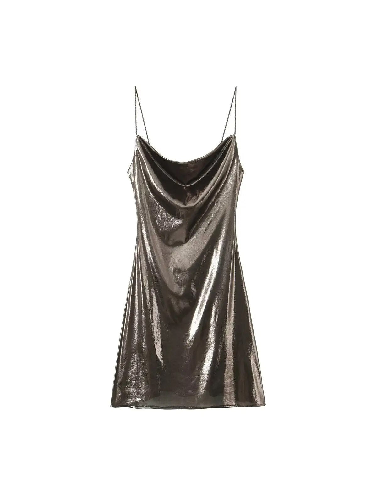 Cowl Neck Sequins Spaghetti Strap Metallic Short Dress