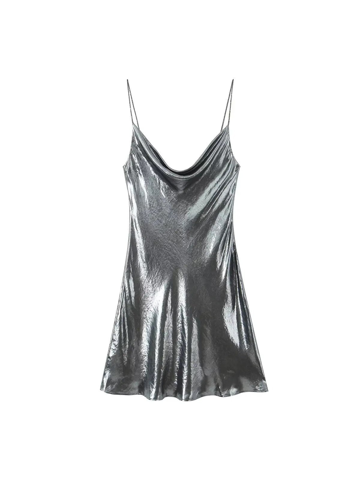 Cowl Neck Sequins Spaghetti Strap Metallic Short Dress
