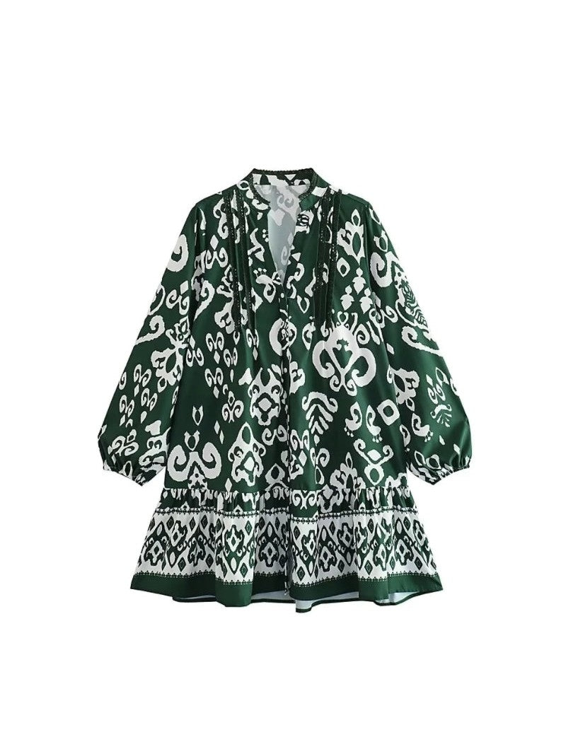 Floral Print Casual Loose Dress Green