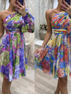 Floral Print One Shoulder Belt Dress