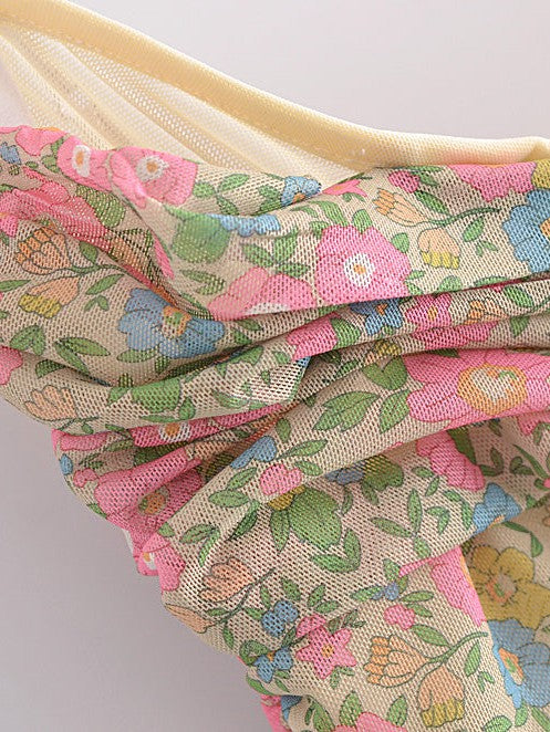 French Mesh Pastoral Floral Print Short Bodycon Dress