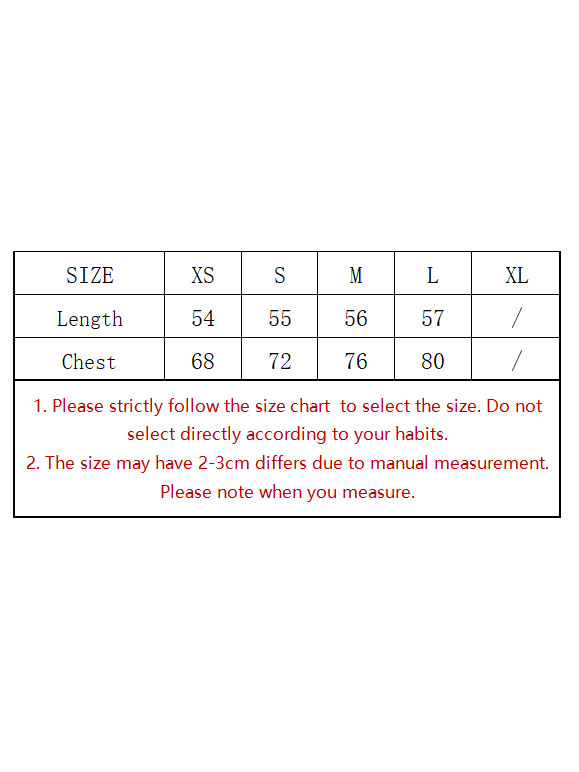 Size chart with XS–XL columns, Length and Chest rows, plus red warning text about following the chart.