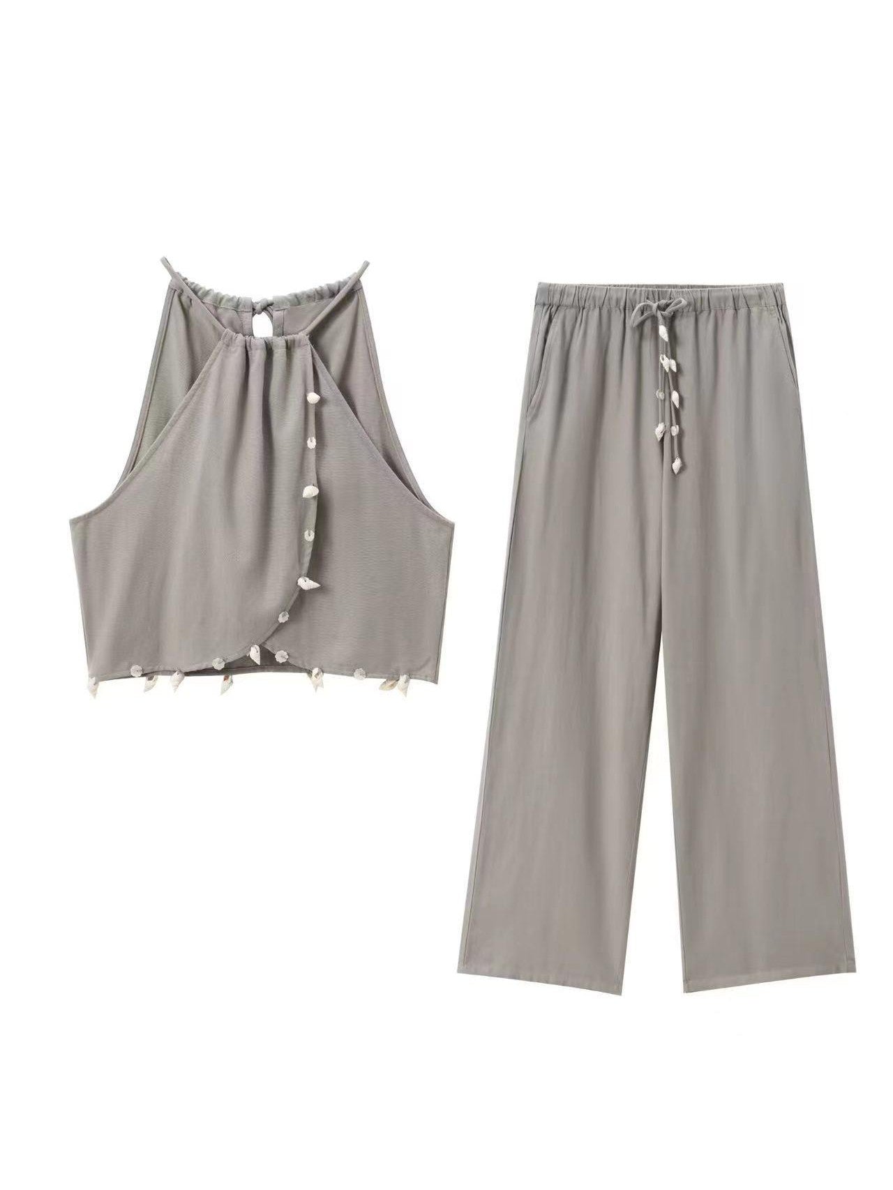Halterneck Sleeveless Beads Detail Top and Pant Coord Set