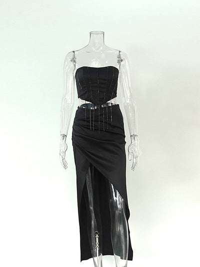 Embellished Tassel Tube Top & Split Asymmetric Skirt Coord Set