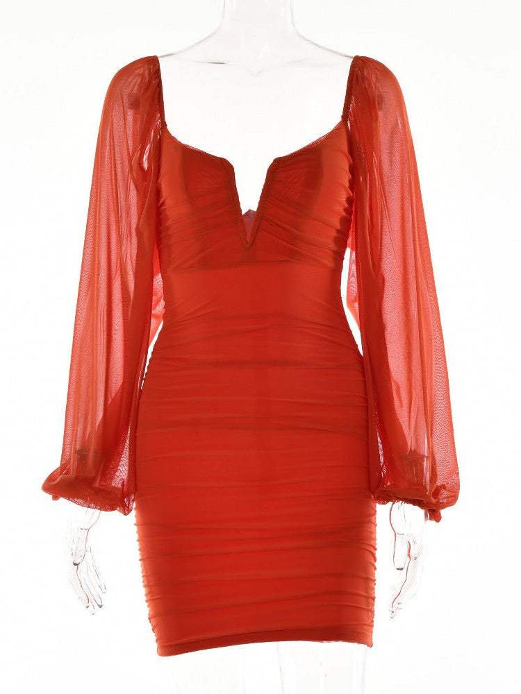 V Neck Dress Voile Full Sleeve Mesh Backless Dress