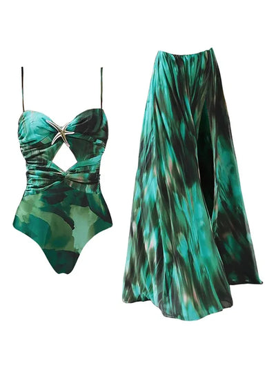 Star Applique Tie Dye Cutout Swimsuit & Skirt Coord Set