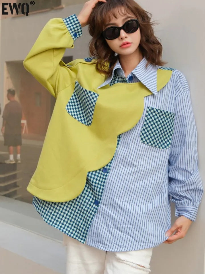 Striped Patchwork Blue Cotton Shirt Dress