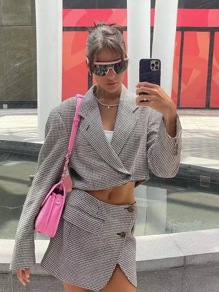 Black Gingham Print Crop Blazer & Skirt Coord Set