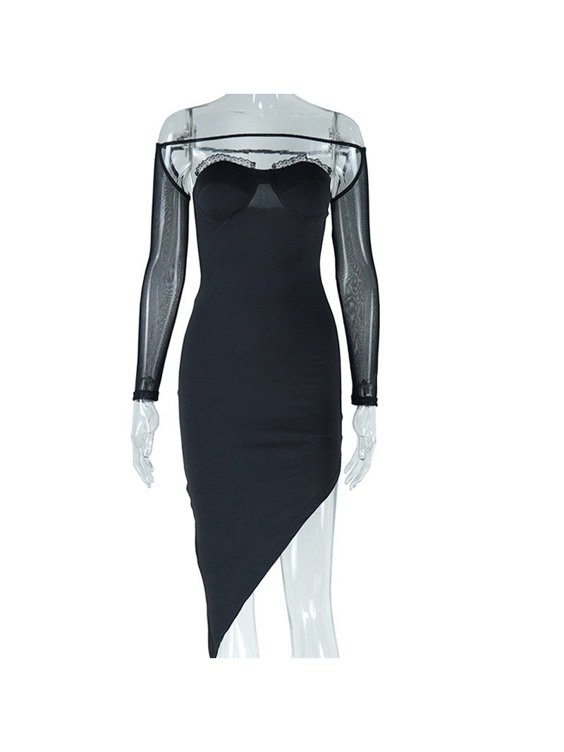 Mesh Irregular Asymmetric Hip Wrapped Dress