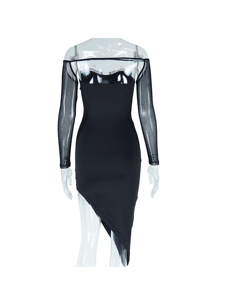 Mesh Irregular Asymmetric Hip Wrapped Dress