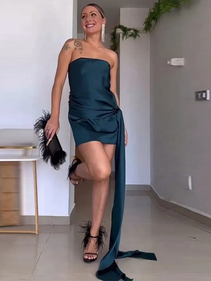 Emerald Green Satin Ribbon Tube Wrap Dress