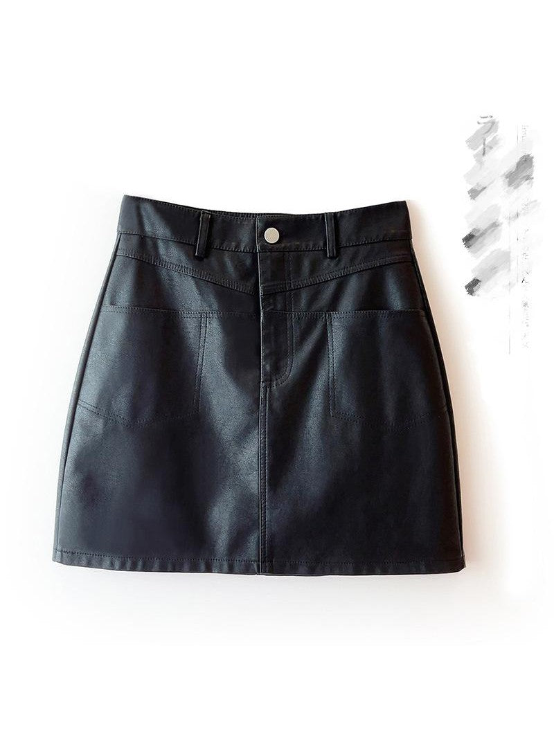Black faux-leather high-waist A-line mini skirt with belt loops, front center button, and two faux pockets.