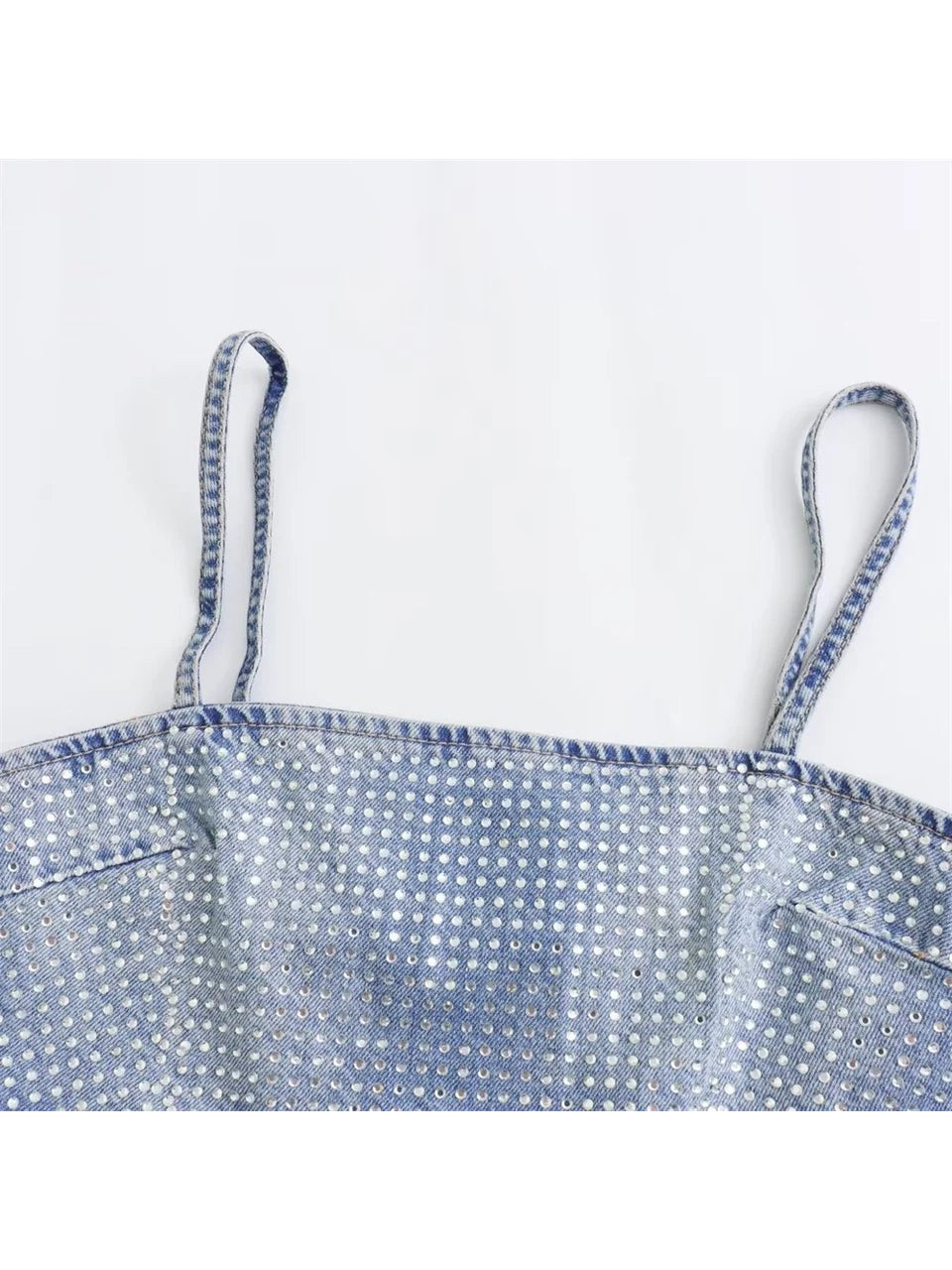 Spaghetti Strap Rhinestone Studded Denim Crop Top