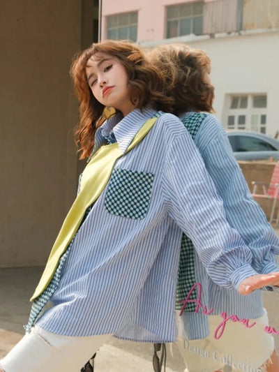 Striped Patchwork Blue Cotton Shirt Dress